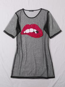 SHEIN LUNE Contrast Sequin Mouth Sheer Mesh Dress - Black - View 3