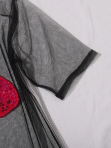 SHEIN LUNE Contrast Sequin Mouth Sheer Mesh Dress - Black - View 4