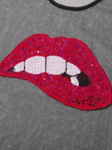 SHEIN LUNE Contrast Sequin Mouth Sheer Mesh Dress - Black - View 5