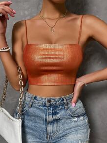 SHEIN Allurite Top de tirantes corto de color metálico - Naranja Quemada - Ver 4
