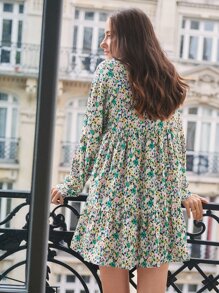 SHEIN Frenchy Ditsy Floral Print Button Front Smock Dress