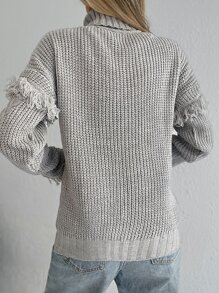 RueChic Pull en tricot torsadé à col roulé à franges - Gris pâle - Voir 2