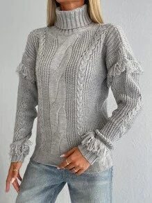 RueChic Pull en tricot torsadé à col roulé à franges - Gris pâle - Voir 3