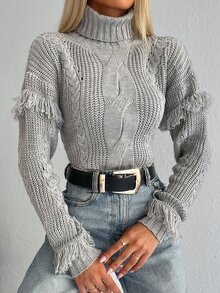 RueChic Pull en tricot torsadé à col roulé à franges - Gris pâle - Voir 4