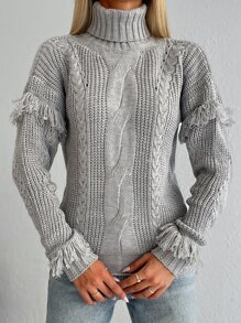 RueChic Pull en tricot torsadé à col roulé à franges - Gris pâle - Voir 5