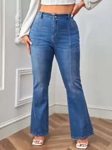 大碼高腰牛仔喇叭褲 - 中等水洗藍 - 查看 1