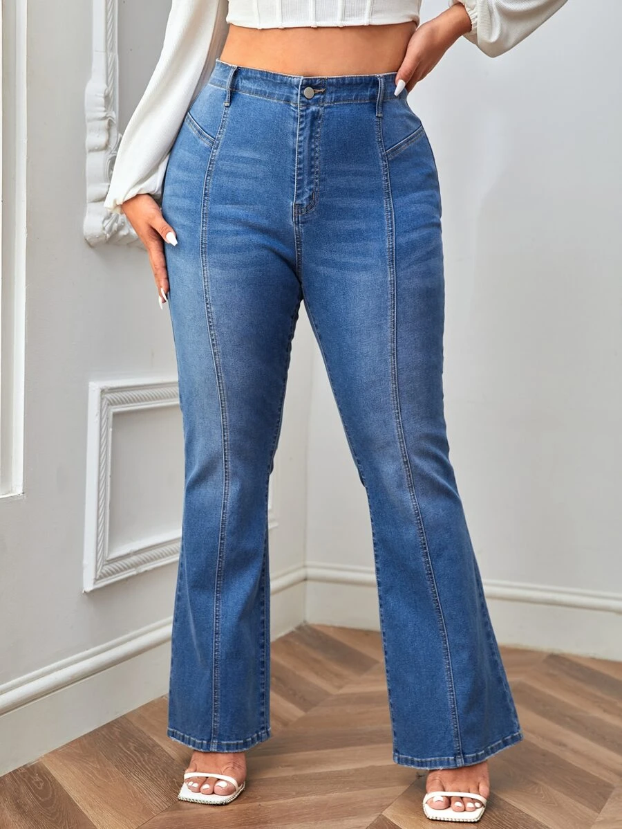 大碼高腰牛仔喇叭褲 - 中等水洗藍 - 查看 1