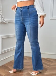 大碼高腰牛仔喇叭褲 - 中等水洗藍 - 查看 4