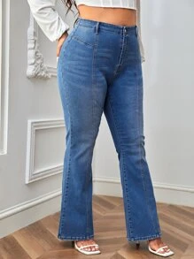 大碼高腰牛仔喇叭褲 - 中等水洗藍 - 查看 5