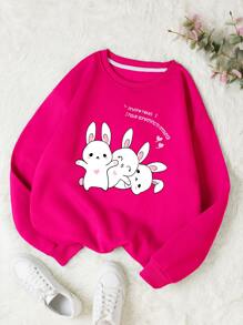 SHEIN EZwear 卡通和標語圖案加絨內裏運動衫 - 玫紅色 - 查看 1