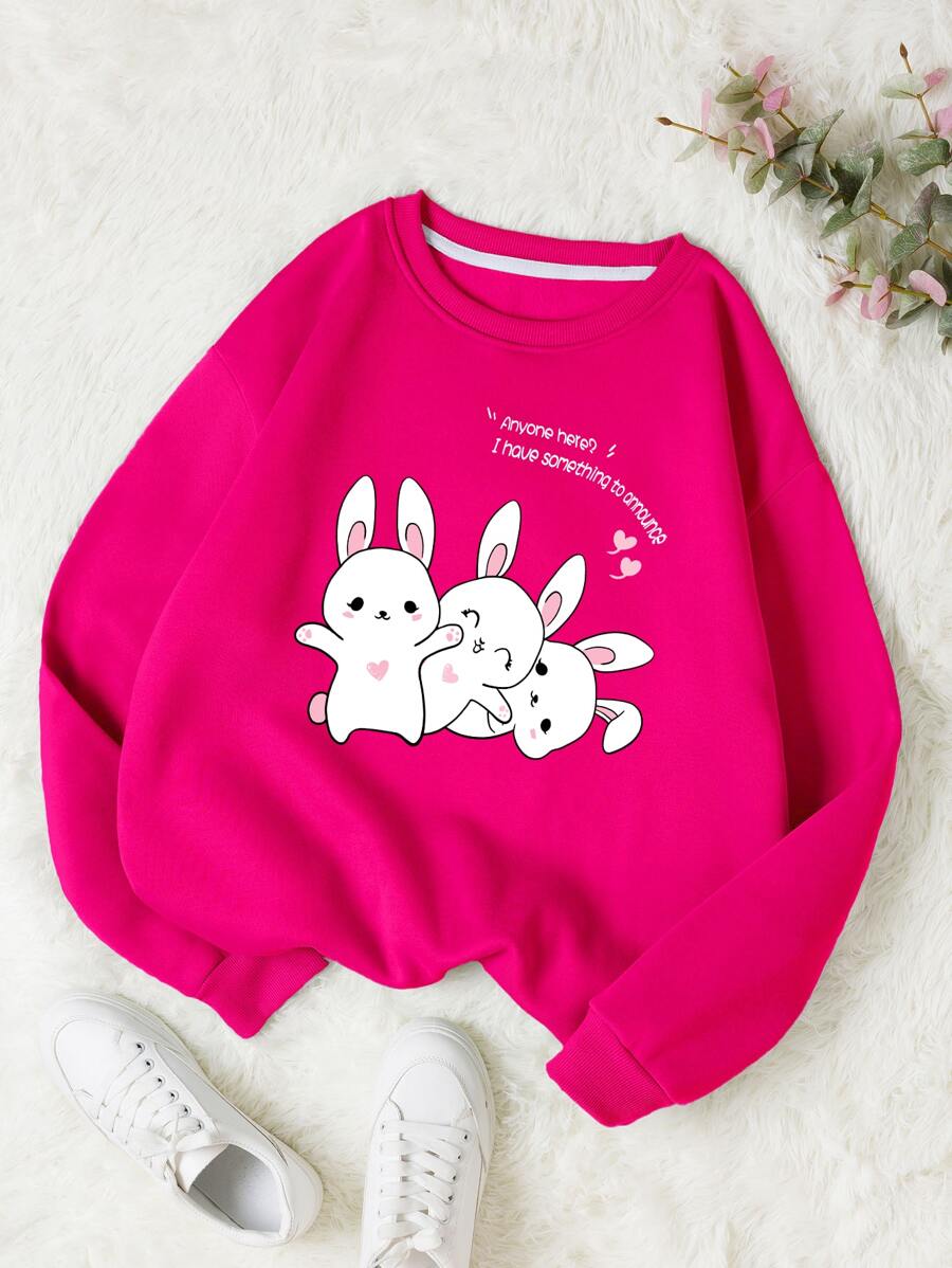 SHEIN EZwear 卡通和標語圖案加絨內裏運動衫 - 玫紅色 - 查看 1