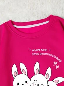 SHEIN EZwear 卡通和標語圖案加絨內裏運動衫 - 玫紅色 - 查看 5