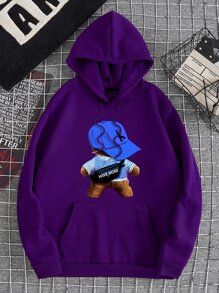 Manfinity Dauomo 男士卡通和字母圖案抽繩加絨內裏連帽衫 - 紫色 - 查看 1