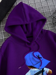 Manfinity Dauomo 男士卡通和字母圖案抽繩加絨內裏連帽衫 - 紫色 - 查看 5