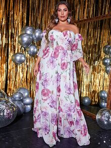 YISIKADO 大碼印花一字肩荷葉邊雪紡連衣裙 - 紫色 - 查看 5