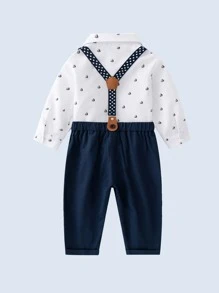 男嬰帆船印花前蝴蝶結襯衫和背帶褲 - 藍白色 - 查看 1
