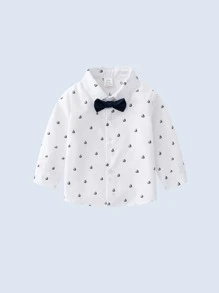 男嬰帆船印花前蝴蝶結襯衫和背帶褲 - 藍白色 - 查看 4