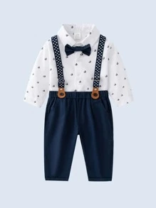 男嬰帆船印花前蝴蝶結襯衫和背帶褲 - 藍白色 - 查看 2