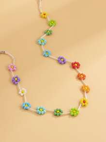 Beaded Flower Decor Necklace Valentines - Multicolor - View 2