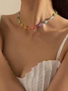 Beaded Flower Decor Necklace Valentines - Multicolor - View 5