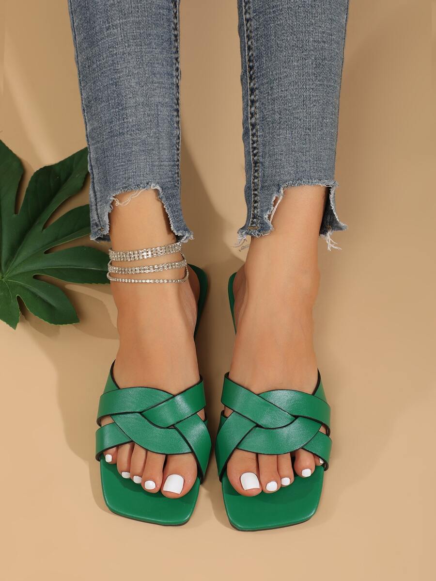 Elegant Outdoors Green Flat Slippers For Women, Intertwine Strap Plain Artificial Leather Open Toe Slide Sandals - Green - View 1