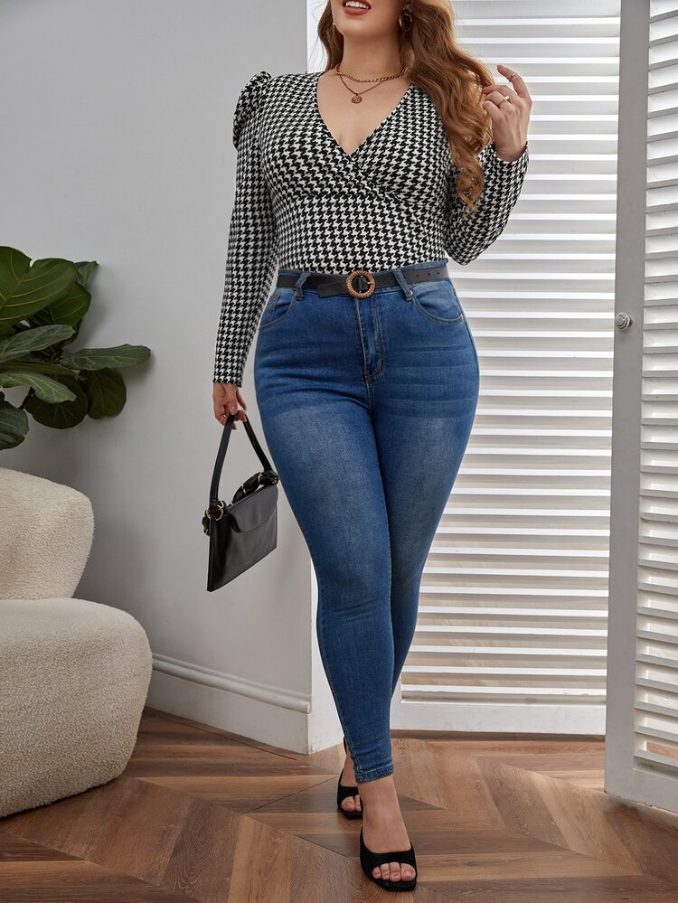 SHEIN Privé Áo thun Plus size Trọn gói răng cưa Thanh lịch - Đen và trắng - Xem 3