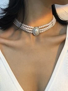 Mydear Rhinestone Decor Faux Pearl Beaded Necklace - White - View 1