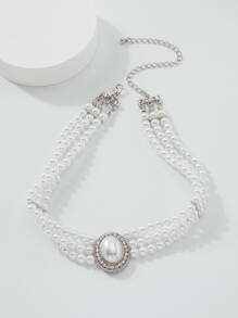 Mydear Rhinestone Decor Faux Pearl Beaded Necklace - White - View 2