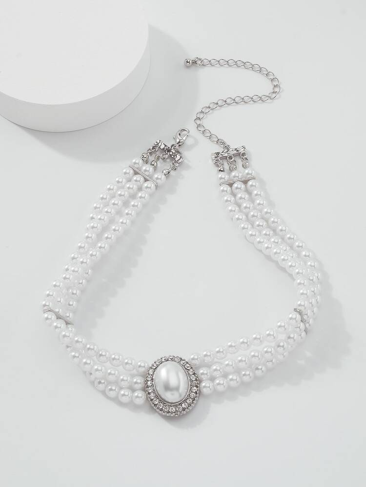 Mydear Rhinestone Decor Faux Pearl Beaded Necklace - White - View 2