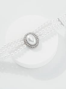 Mydear Rhinestone Decor Faux Pearl Beaded Necklace - White - View 3