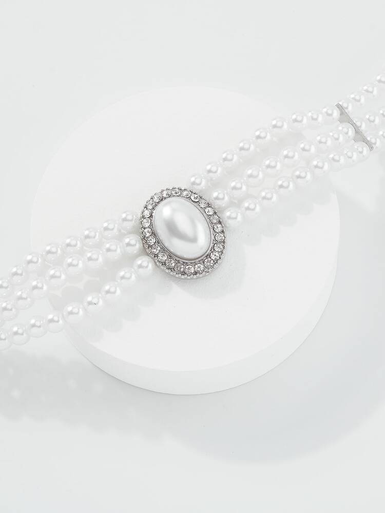Mydear Rhinestone Decor Faux Pearl Beaded Necklace - White - View 3