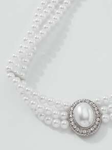 Mydear Rhinestone Decor Faux Pearl Beaded Necklace - White - View 4