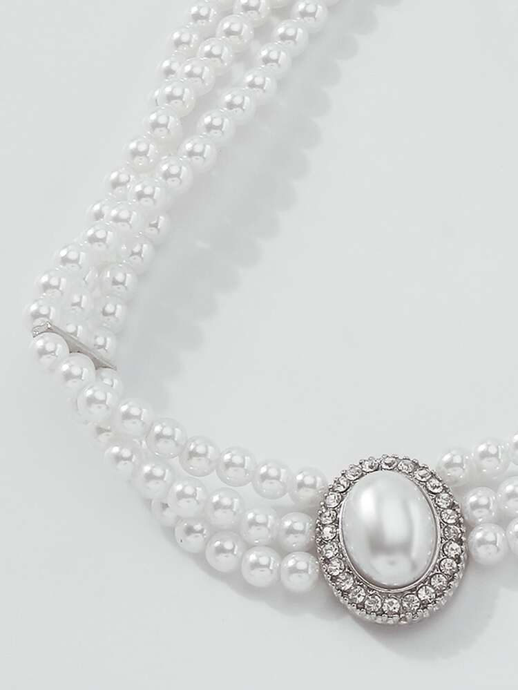 Mydear Rhinestone Decor Faux Pearl Beaded Necklace - White - View 4