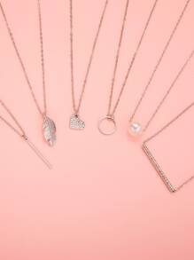 6pcs Circle & Faux Pearl Charm Necklace - Silver - View 2