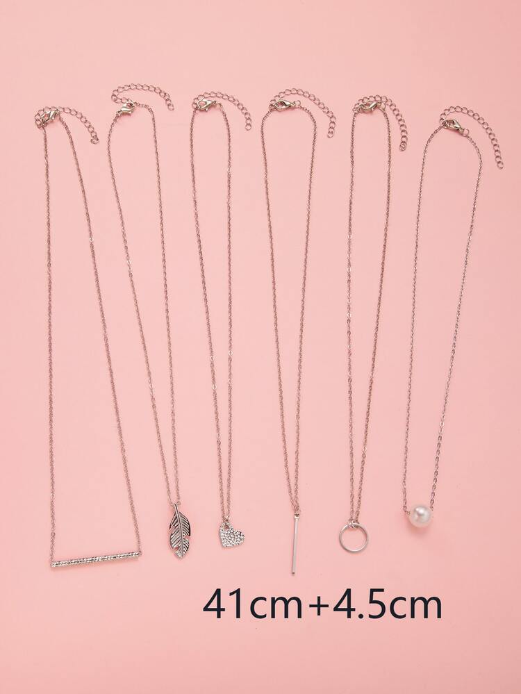 6pcs Circle & Faux Pearl Charm Necklace - Silver - View 3