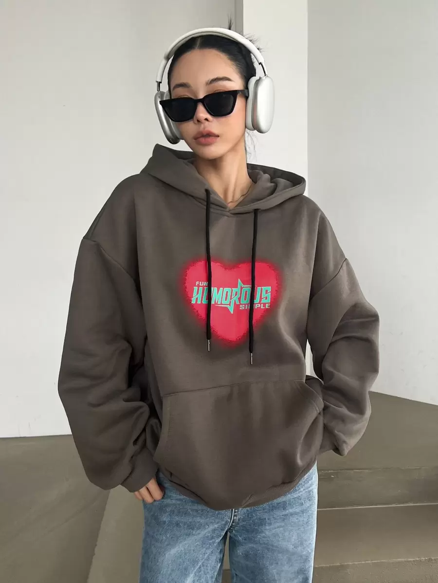 DAZY Letter & Heart Print Kangaroo Pocket Drop Shoulder Drawstring Hoodie - Brown - View 1