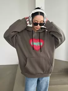 DAZY Letter & Heart Print Kangaroo Pocket Drop Shoulder Drawstring Hoodie - Brown - View 3