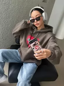 DAZY Letter & Heart Print Kangaroo Pocket Drop Shoulder Drawstring Hoodie - Brown - View 4