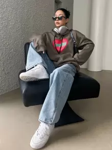 DAZY Letter & Heart Print Kangaroo Pocket Drop Shoulder Drawstring Hoodie - Brown - View 5