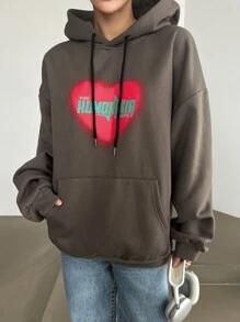DAZY Letter & Heart Print Kangaroo Pocket Drop Shoulder Drawstring Hoodie - Brown - View 6