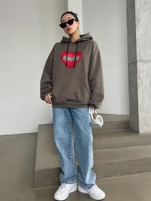 DAZY Letter & Heart Print Kangaroo Pocket Drop Shoulder Drawstring Hoodie - Brown - View 7