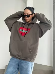 DAZY Letter & Heart Print Kangaroo Pocket Drop Shoulder Drawstring Hoodie - Brown - View 8