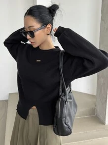 DAZY Jersey unicolor bajo con abertura de hombros caídos - Negro - Ver 3