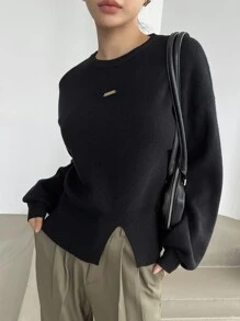 DAZY Jersey unicolor bajo con abertura de hombros caídos - Negro - Ver 4