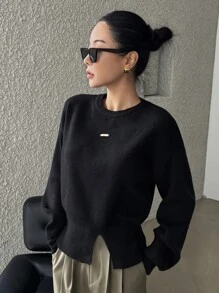 DAZY Jersey unicolor bajo con abertura de hombros caídos - Negro - Ver 6