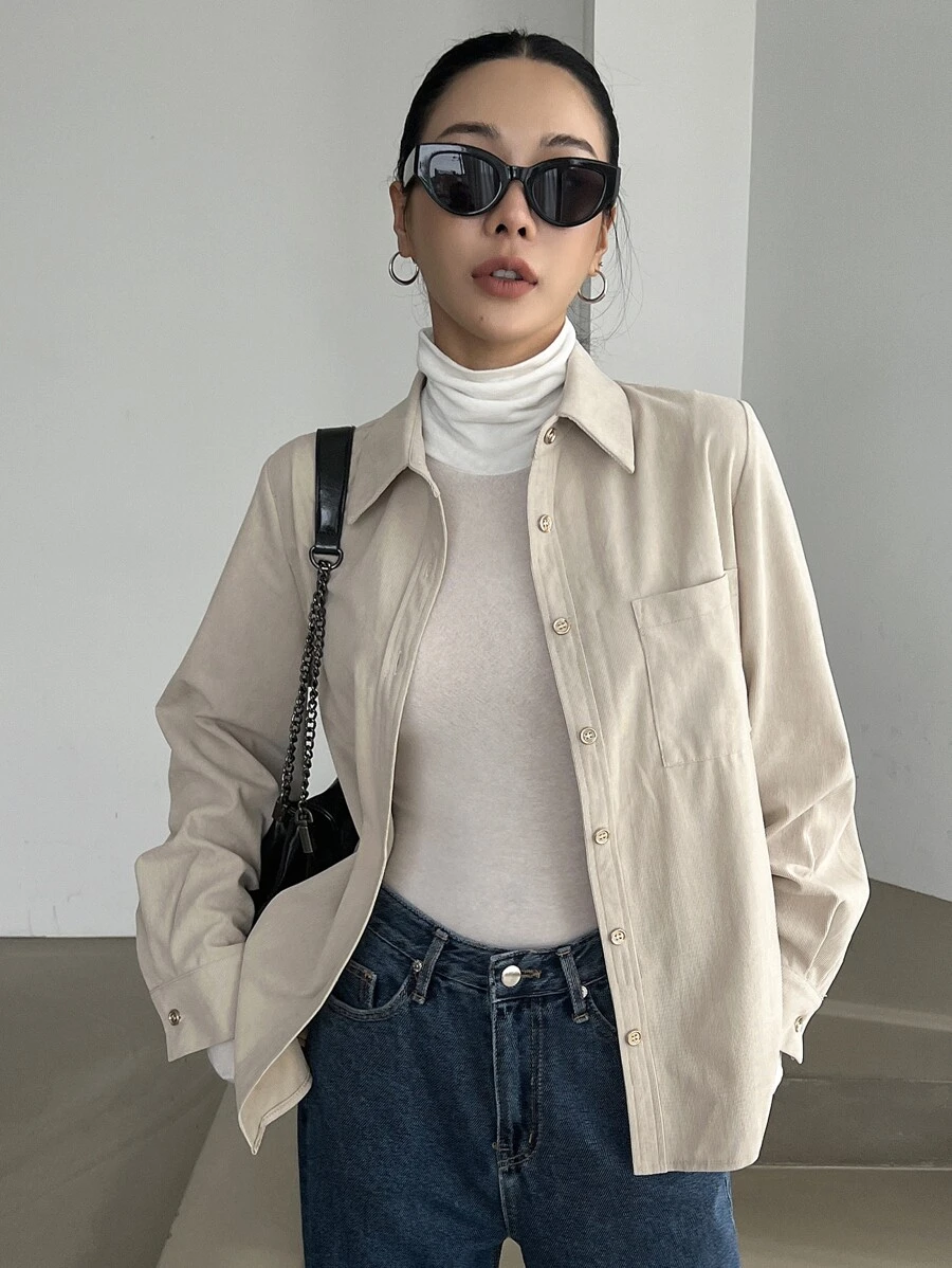 DAZY Patched Pocket Button Front Shirt,Long Sleeve Tops,Fall Women Clothes - Beige - View 1