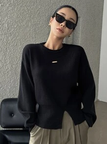 DAZY Jersey unicolor bajo con abertura de hombros caídos - Negro - Ver 7