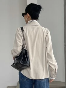 DAZY Patched Pocket Button Front Shirt,Long Sleeve Tops,Fall Women Clothes - Beige - View 2