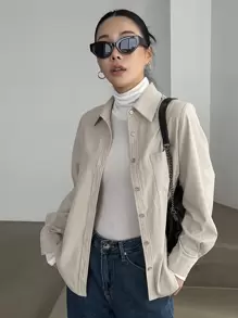 DAZY Patched Pocket Button Front Shirt,Long Sleeve Tops,Fall Women Clothes - Beige - View 3