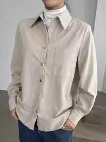 DAZY Patched Pocket Button Front Shirt,Long Sleeve Tops,Fall Women Clothes - Beige - View 8